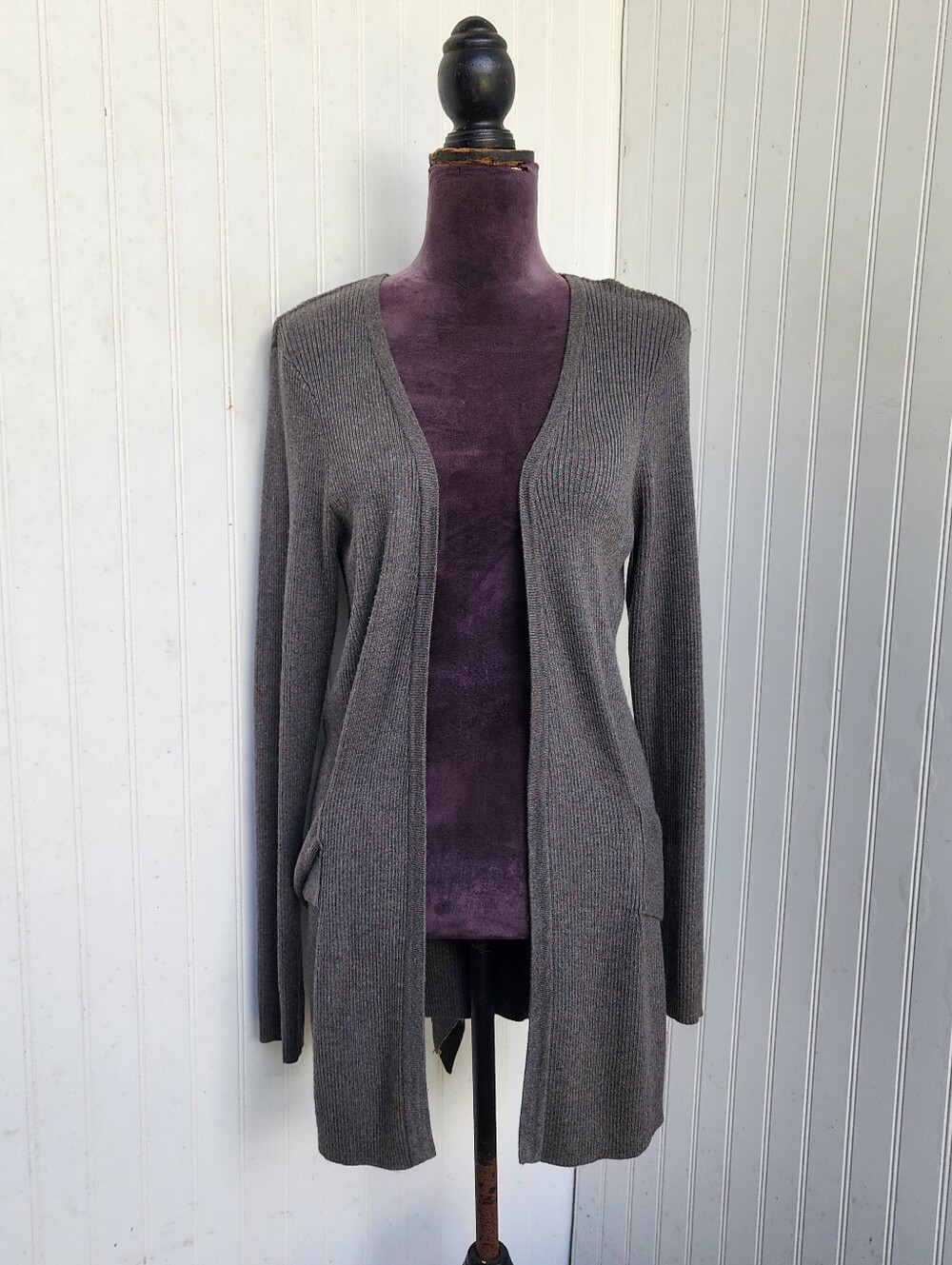 Cache Cardigan Sweater Gray Long Sleeved Ribbed Nylon Cashmere Viscose M